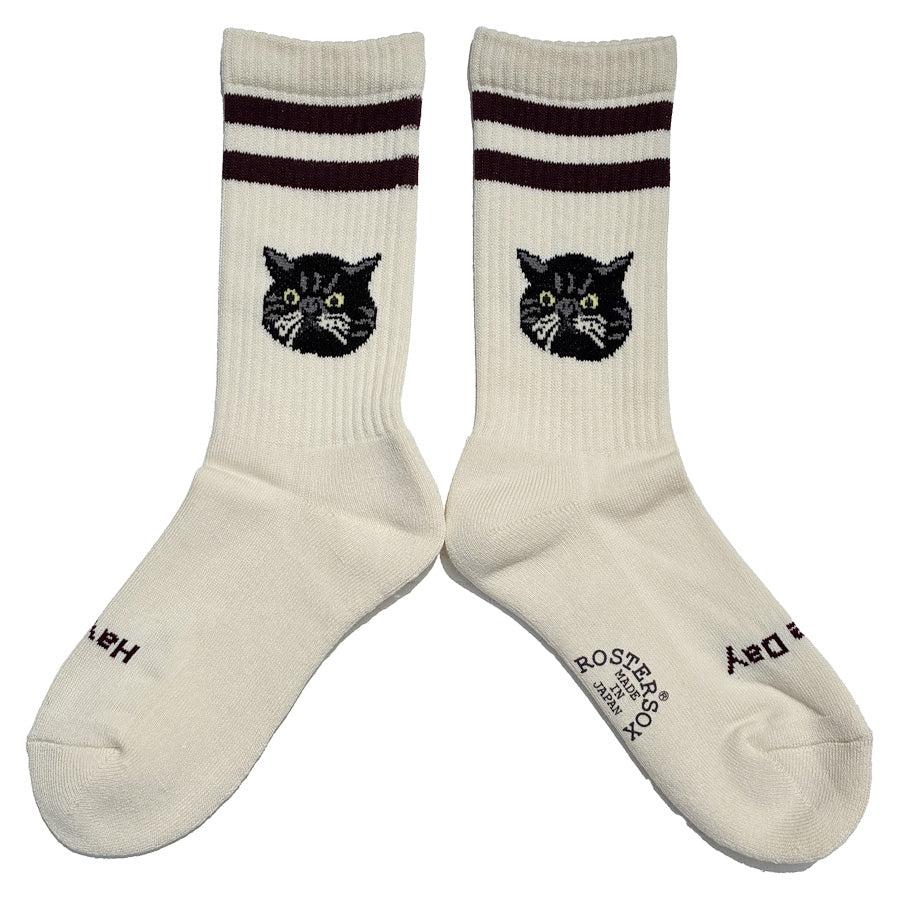 ROSTER SOX(ロスターソックス) / 靴下 クルーソックス / CAT - CREAM x BURGANDY / RS-508 / メンズ レディース 猫 ネコ ラインソックス