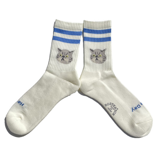 ROSTER SOX(ロスターソックス) / 靴下 クルーソックス   / CAT - BLUE / RS-490 / メンズ レディース 猫 ネコ ラインソックス