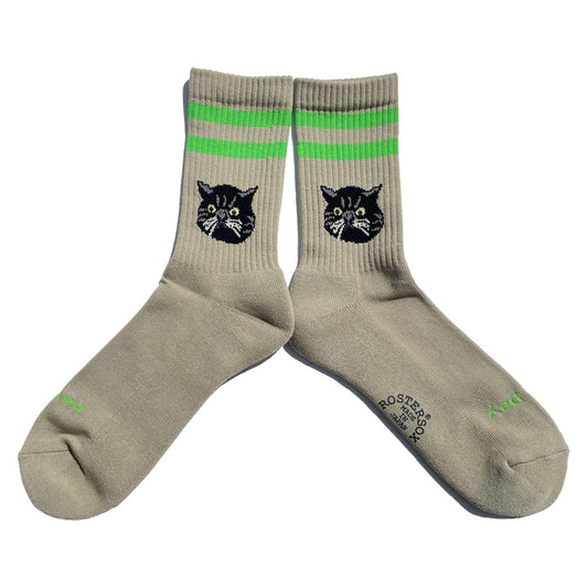 ROSTER SOX(ロスターソックス) / 靴下 クルーソックス   / CAT - GREEN / RS-490 / メンズ レディース 猫 ネコ ラインソックス