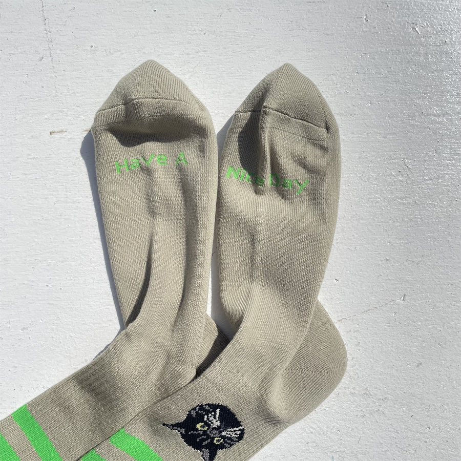 ROSTER SOX(ロスターソックス) / 靴下 クルーソックス   / CAT - GREEN / RS-490 / メンズ レディース 猫 ネコ ラインソックス