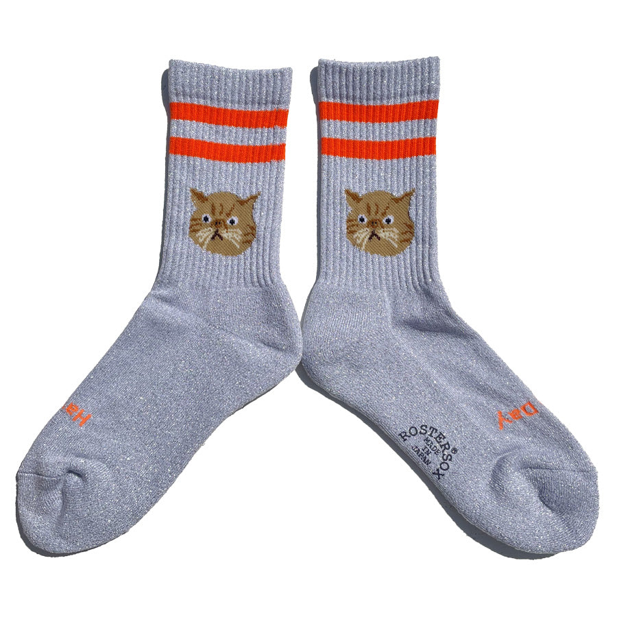 ROSTER SOX(ロスターソックス) / ラメ入り 靴下 クルーソックス   / CAT - ORANGE / RS-490 / メンズ レディース 猫 ネコ ラインソックス