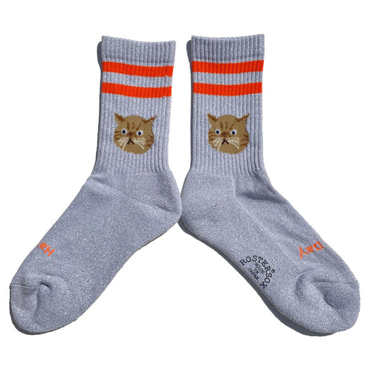 ROSTER SOX(ロスターソックス) / ラメ入り 靴下 クルーソックス   / CAT - ORANGE / RS-490 / メンズ レディース 猫 ネコ ラインソックス
