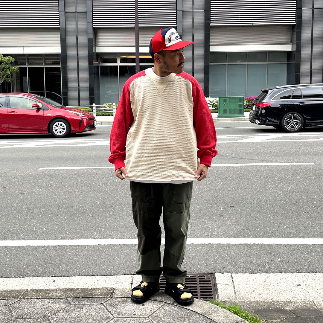 IMPRESTORE (インプレストア) / 長袖 コットンメッシュ ロンT /  Mesh Feedom Long T -  Natural x Red / CZ-ImSt-393 - Ruker / メンズ