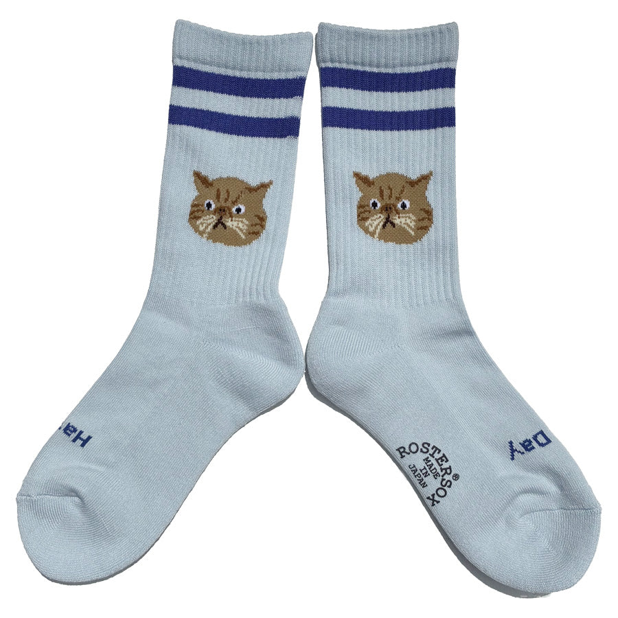 ROSTER SOX(ロスターソックス) /  靴下 クルーソックス  / CAT - BLUE x PURPLE / RS-508 / メンズ レディース 猫 ネコ ラインソックス