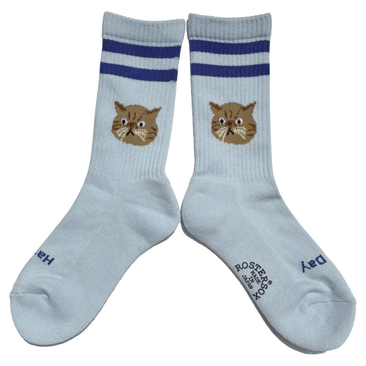 ROSTER SOX(ロスターソックス) /  靴下 クルーソックス  / CAT - BLUE x PURPLE / RS-508 / メンズ レディース 猫 ネコ ラインソックス