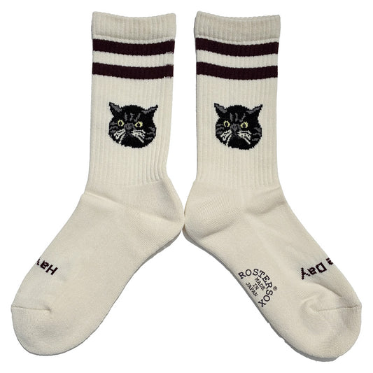ROSTER SOX(ロスターソックス) /  靴下 クルーソックス  / CAT - CREAM x BURGANDY / RS-508 / メンズ レディース 猫 ネコ ラインソックス