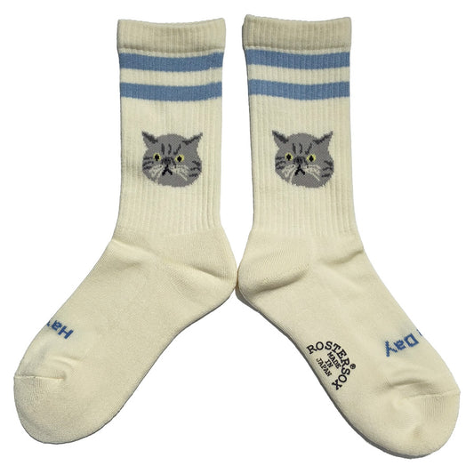 ROSTER SOX(ロスターソックス) /  靴下 クルーソックス  / CAT - YELLOW x LT BLUE / RS-508 / メンズ レディース 猫 ネコ ラインソックス